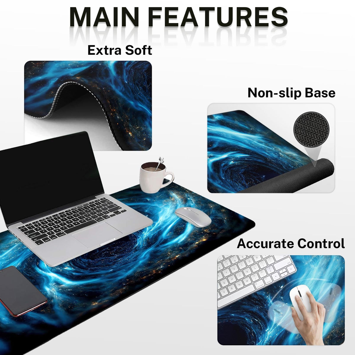 Britimes Keyboard Mouse Pad Set, 4 in 1 Desk Mat Set, Blue Black Galaxy