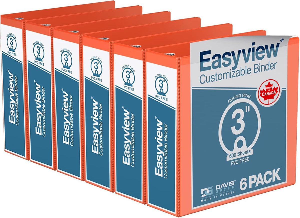 Easyview 3-Ring Binder, Clear-View Cover, 3" Round Rings, Orange, 6 Pack