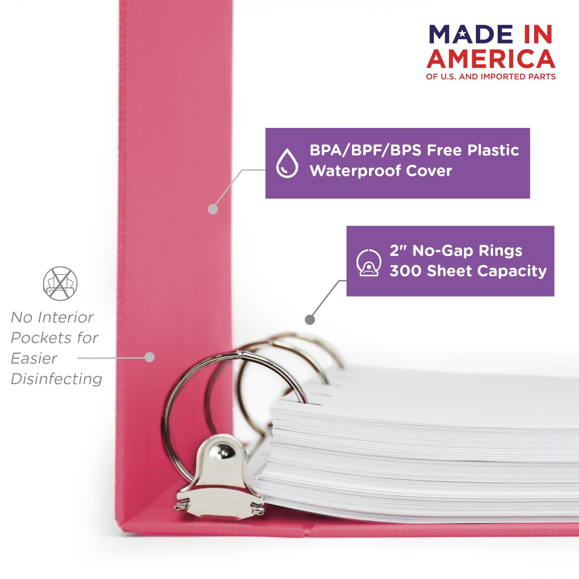 Carstens 2-Inch Heavy Duty 3-Ring Binder - Side Opening, Bubble Gum Pink, Durable Plastic