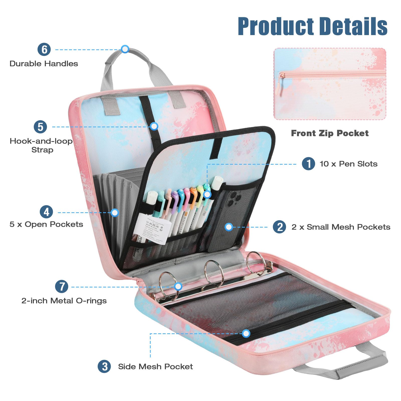 MoKo Zipper Binder, 2 inch 3 Ring Binder with 500 Sheet Capacity Multi-Pocket School Bag with