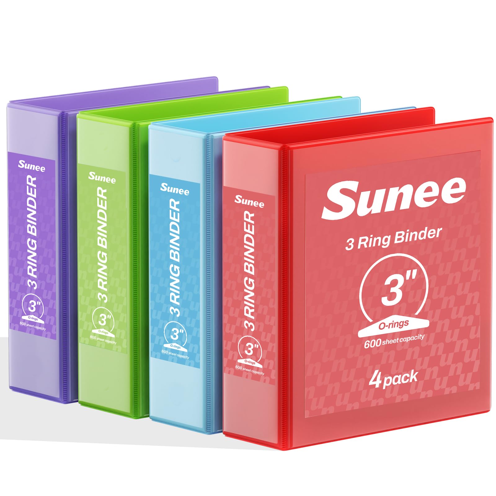 SUNEE 3 Inch Binders 3 Ring 4 Pack, 3" Large Classic 4-Color Binder Set (8.5x11 Inches) for Office