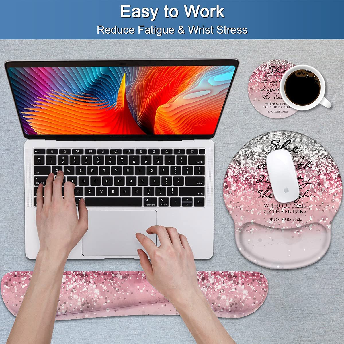 Keyboard Wrist Rest and Mouse Pad Wrist Support Set with Coasters, Non-Slip PU Base Ergonomic