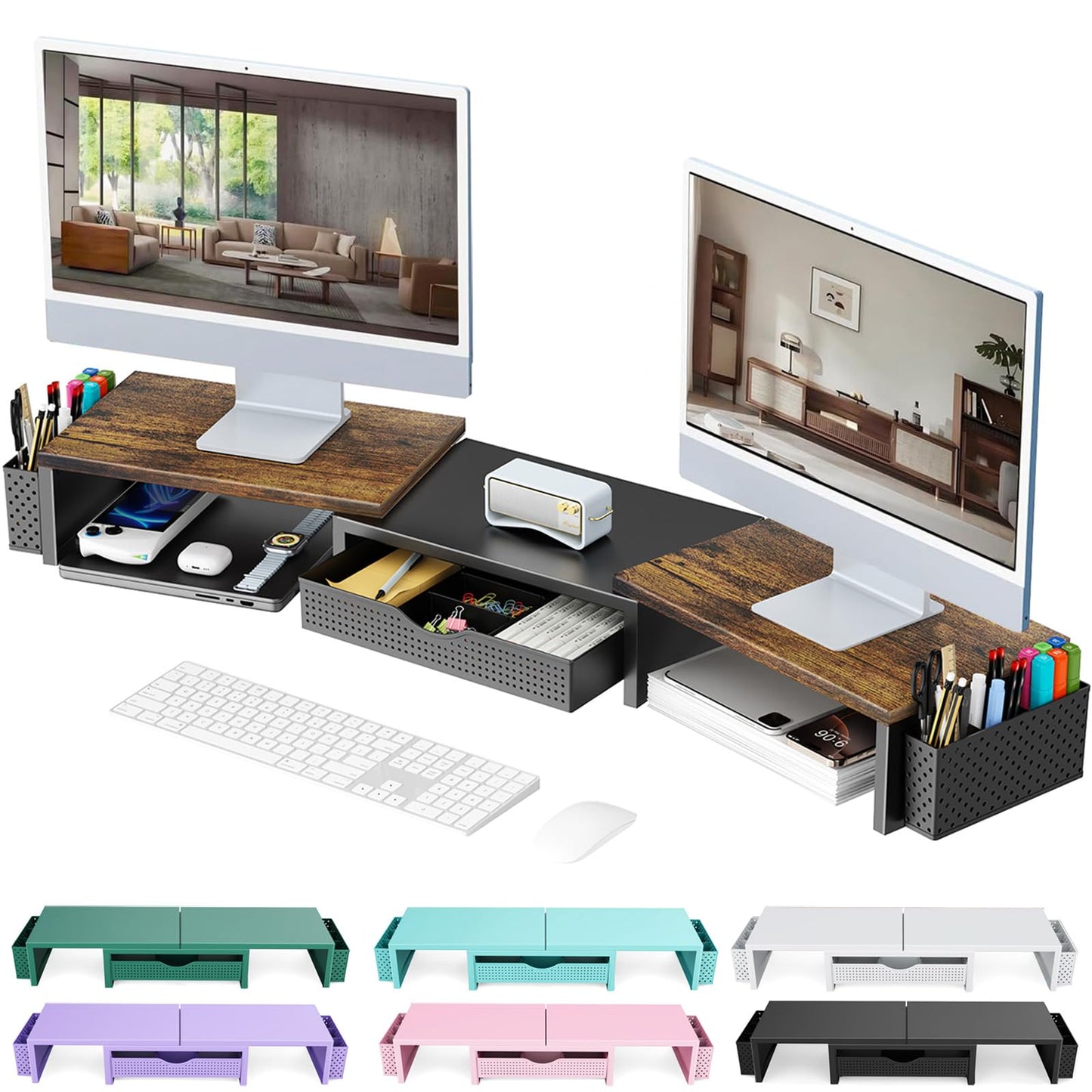 gianotter Dual Monitor Stand Riser With Drawer and 2 Pen Holders