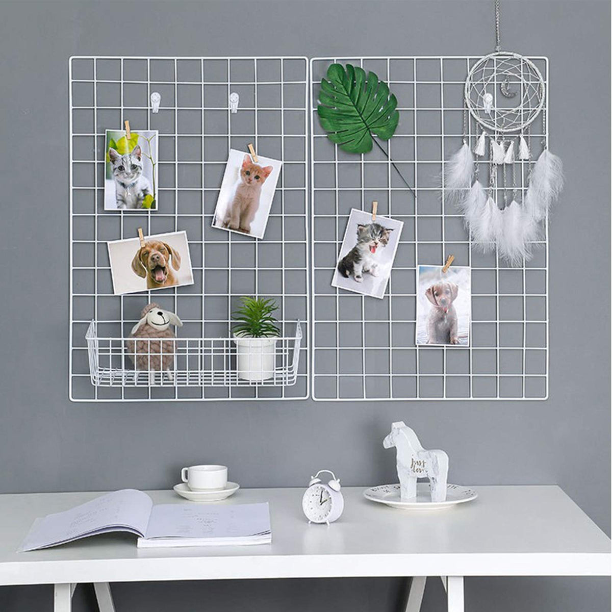 GBYAN 2 Pack Large Wall Grid Panels with Light and Clips, Photo Display Board, Picture Frame