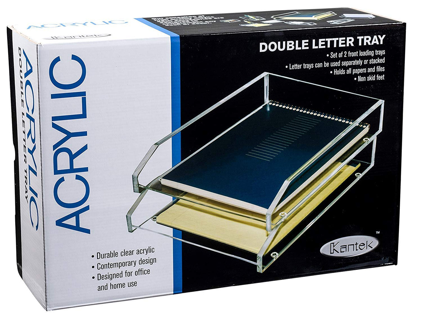 Kantek Clear Acrylic Double Large Letter Tray, 2 Tier Stackable Desk Organizer, Front Loading