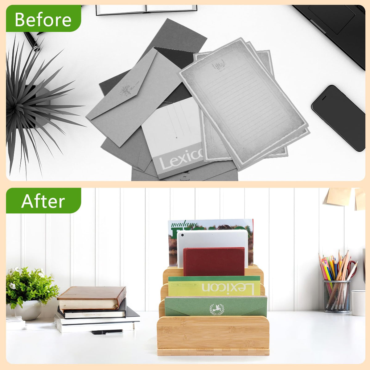 Deefielly Desk File Mail Organizer Countertop, 5 Slots Bamboo Folder Sorter Holder for Letter