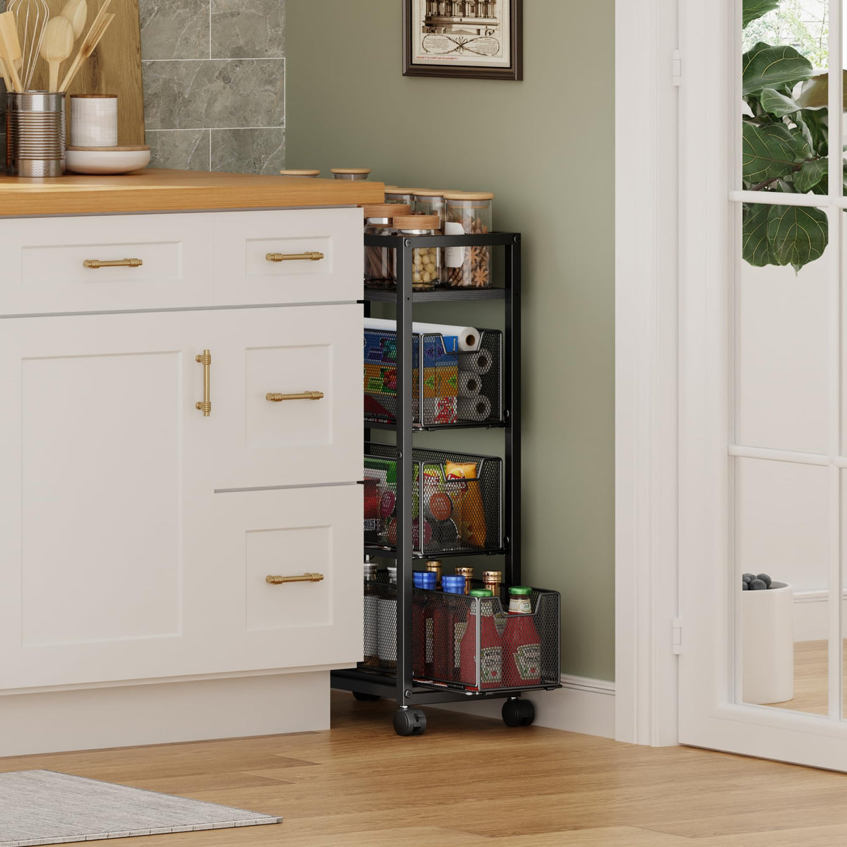 4 Tier Narrow Kitchen Rolling Cart, 9.1" Wide Slim Kitchen Storage Cart with Pull-Out Baskets