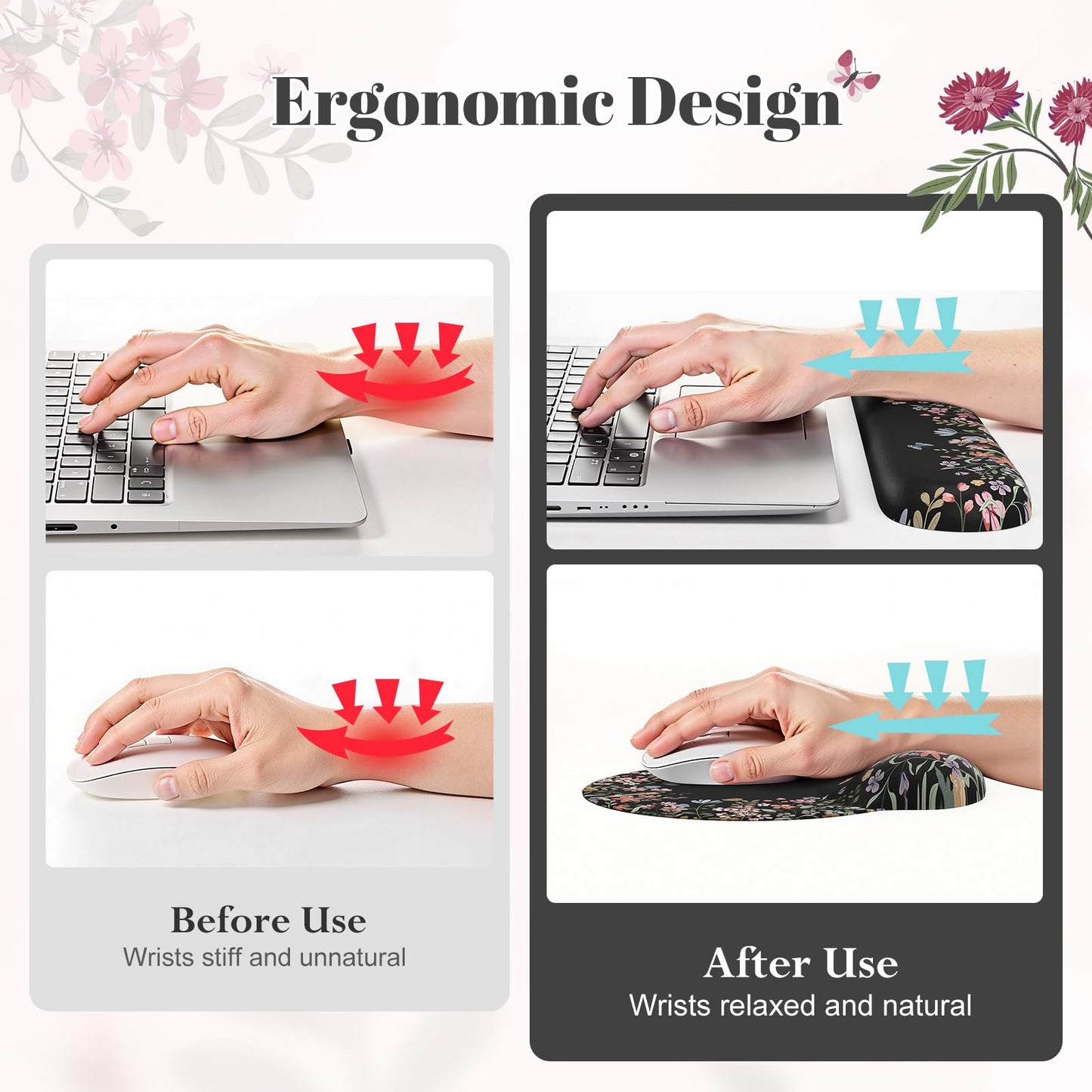 iLeadon Cute Desk Mat Set, Scalloped Floral Desk Mat Keyboard Mouse Pad Set