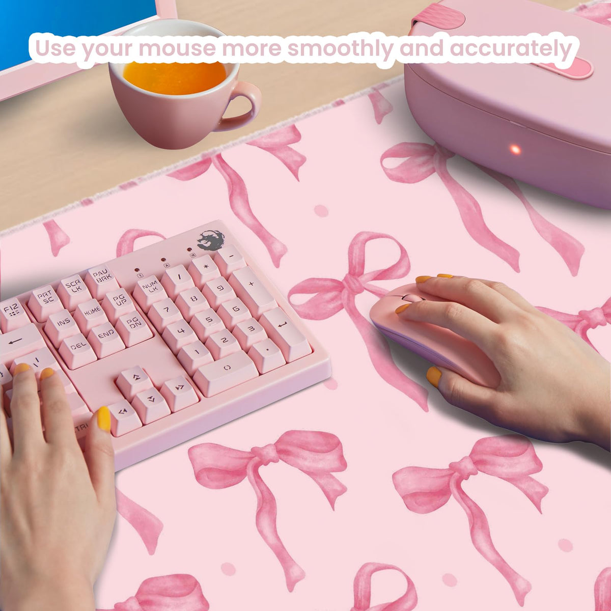 Pink Desk Mat, Bows Mouse Pad Computer Mat Desk Accessories 35.4 x 15.7in