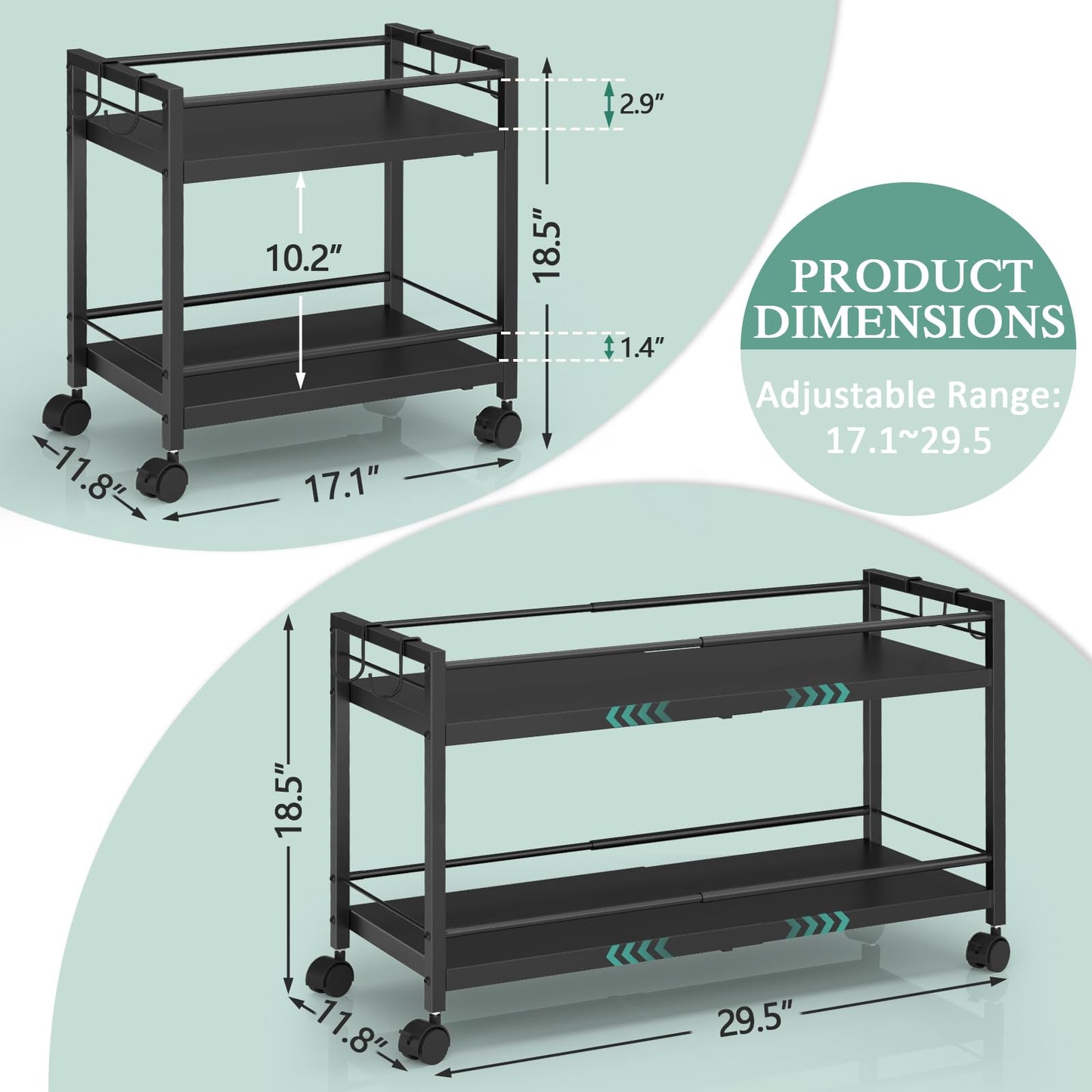 2-Tier Expandable Rolling Pantry Cart with Wheels, Adjustable Floor Organizer for Kitchen Pantry