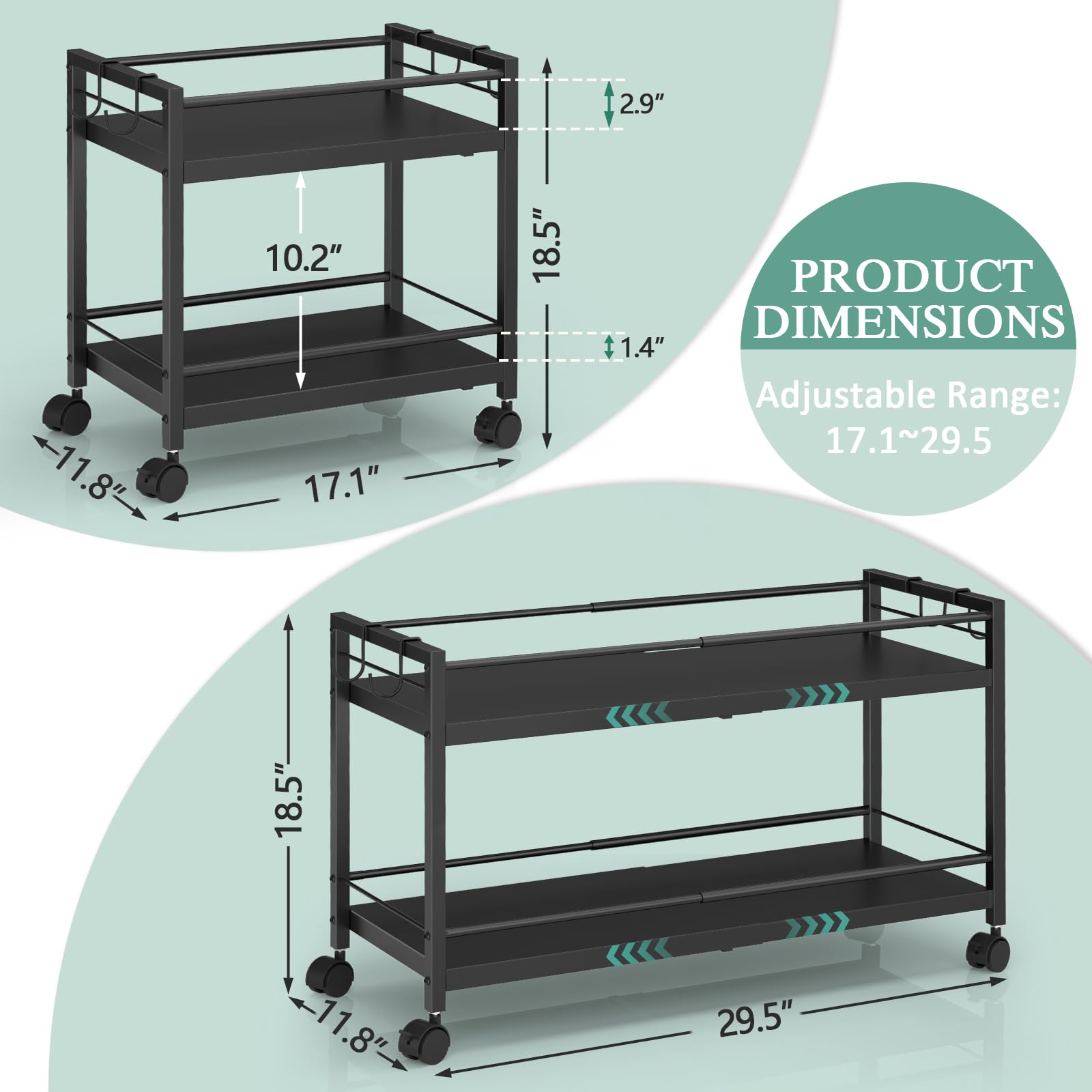 2-Tier Expandable Rolling Pantry Cart with Wheels, Adjustable Floor Organizer for Kitchen Pantry