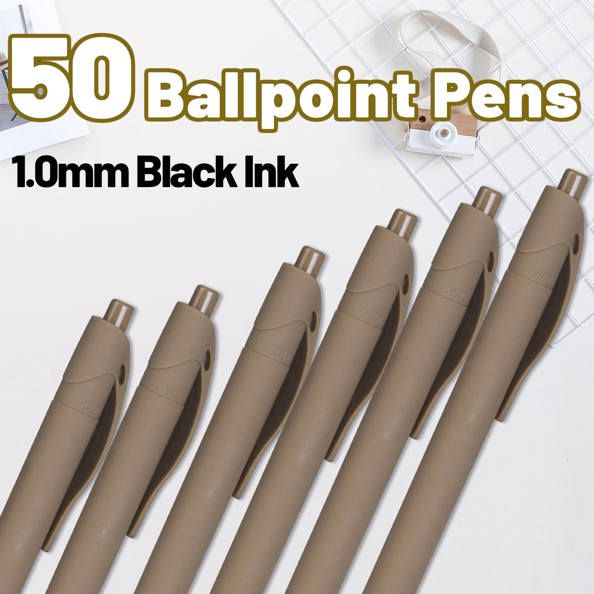 Wiaziert BallPoint Pens, 50 Pack (BLACK Ink),Bulk Pens, Brown Coffee Barrel,Click Pens for Office