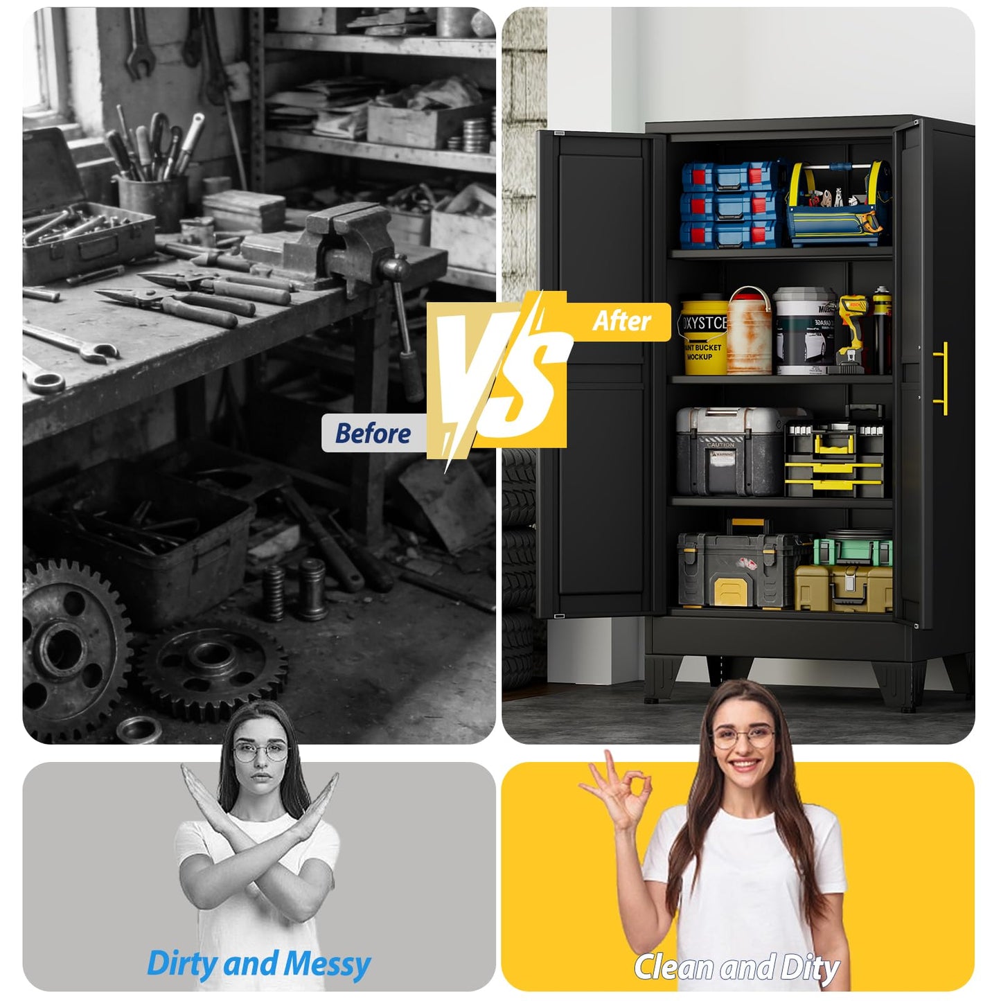 PAOFIN Metal Storage Cabinet with 2 Doors and 3 Adjustable Shelves, Metal Garage Storage Cabinets