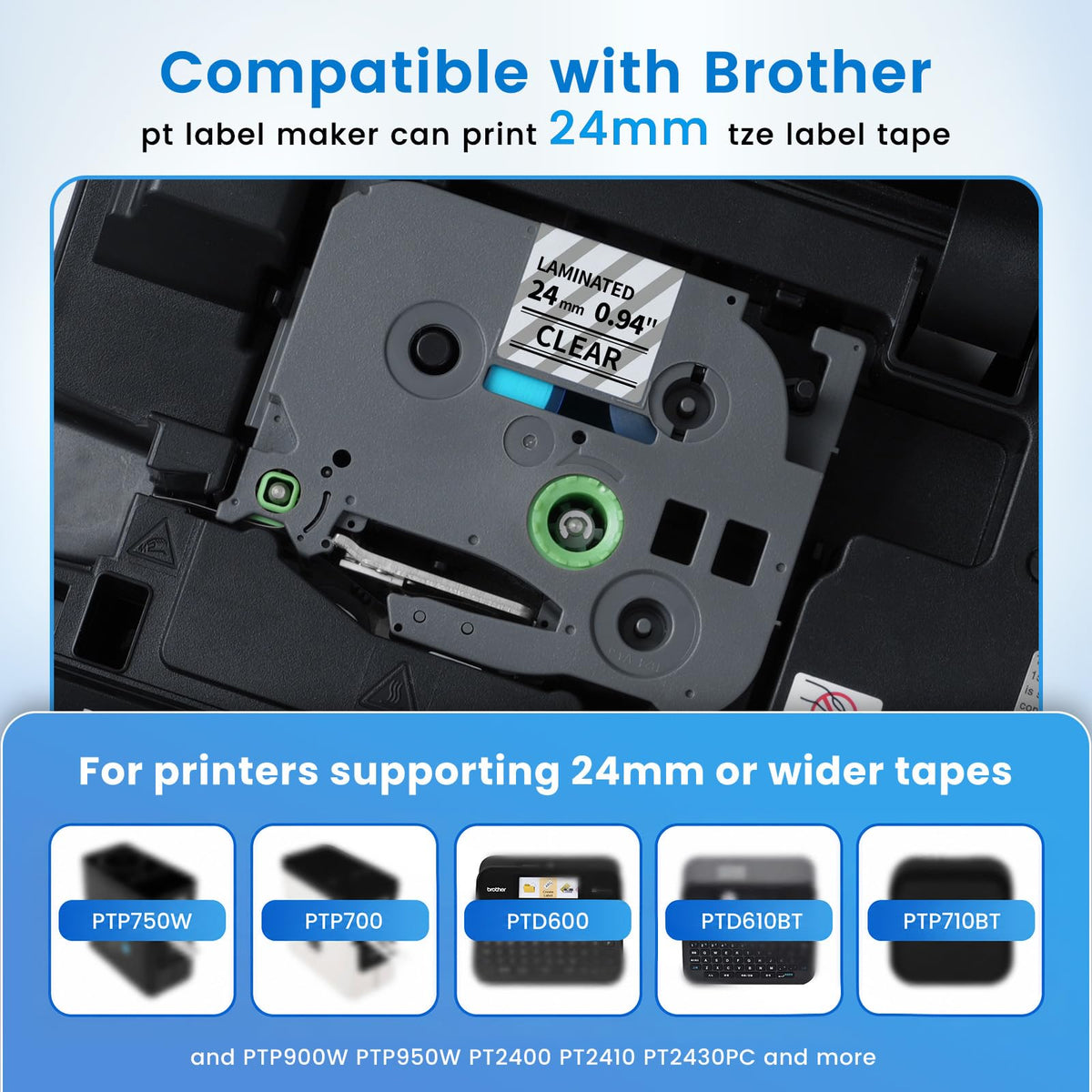 Compatible with Brother Ptouch 24mm 0.94" Label Tape TZe-151 Black on Clear