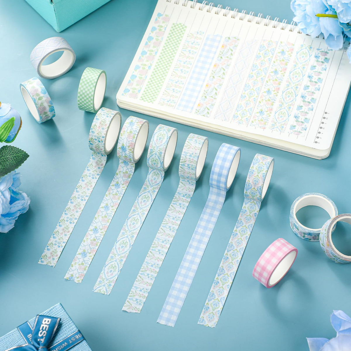 YooNotee 12 Rolls Floral Washi Tape Set,Pink and Blue,Flowers