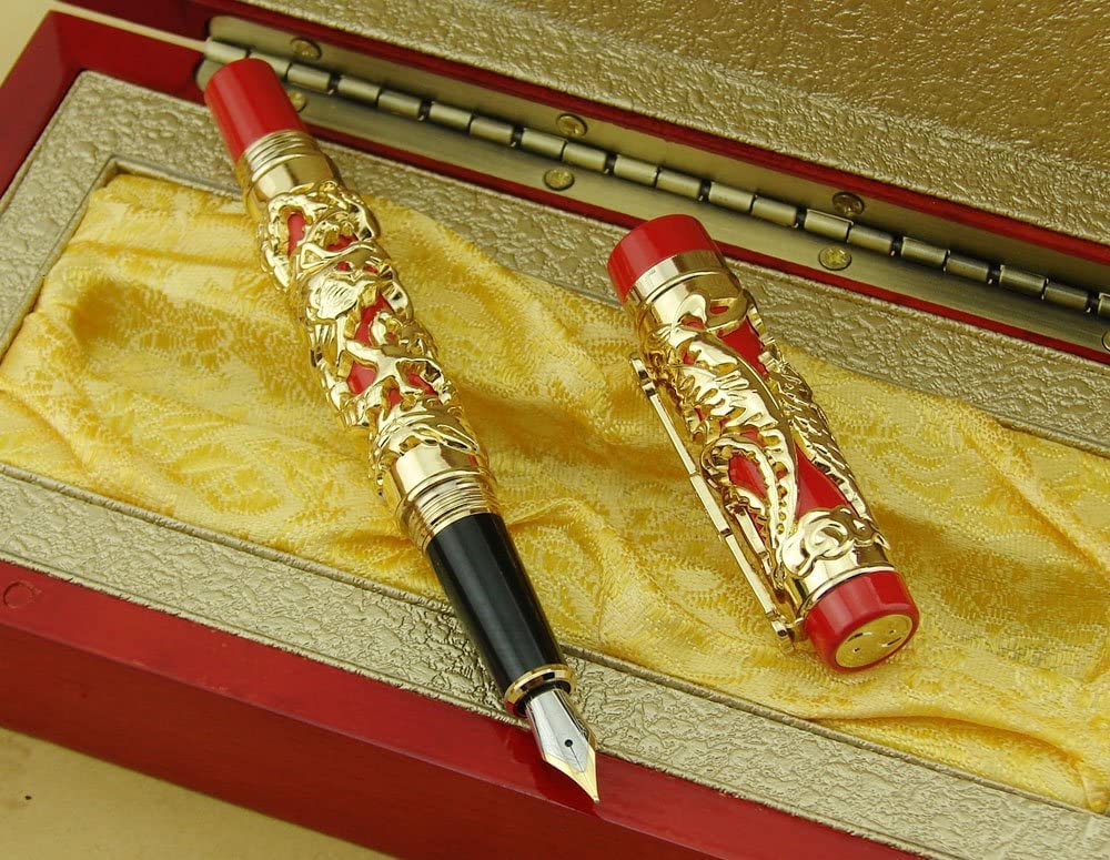 Jinhao Dragon Phoenix 3d Embossment Golden Red Fountain Pen Bent Nib Chinese Ruyi Clip Wooden Box