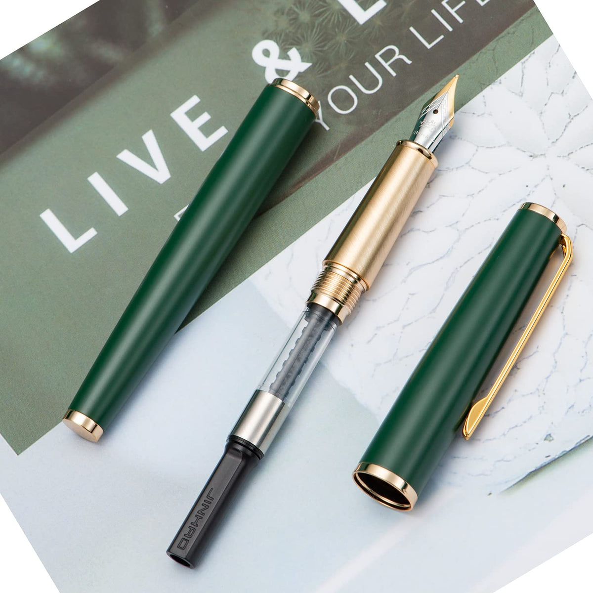 Jinhao 95 Metal Fountain Pen Extra Fine Nib, Matte Green with Golden Clip Writing Pen
