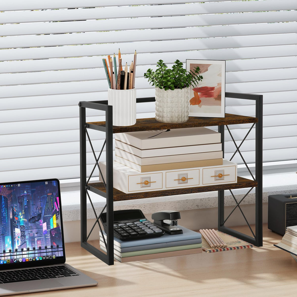 YINMIT Desktop Shelf Organizer, 2 Tier Office Shelves, Wood Desk Organizer Storage Rack and