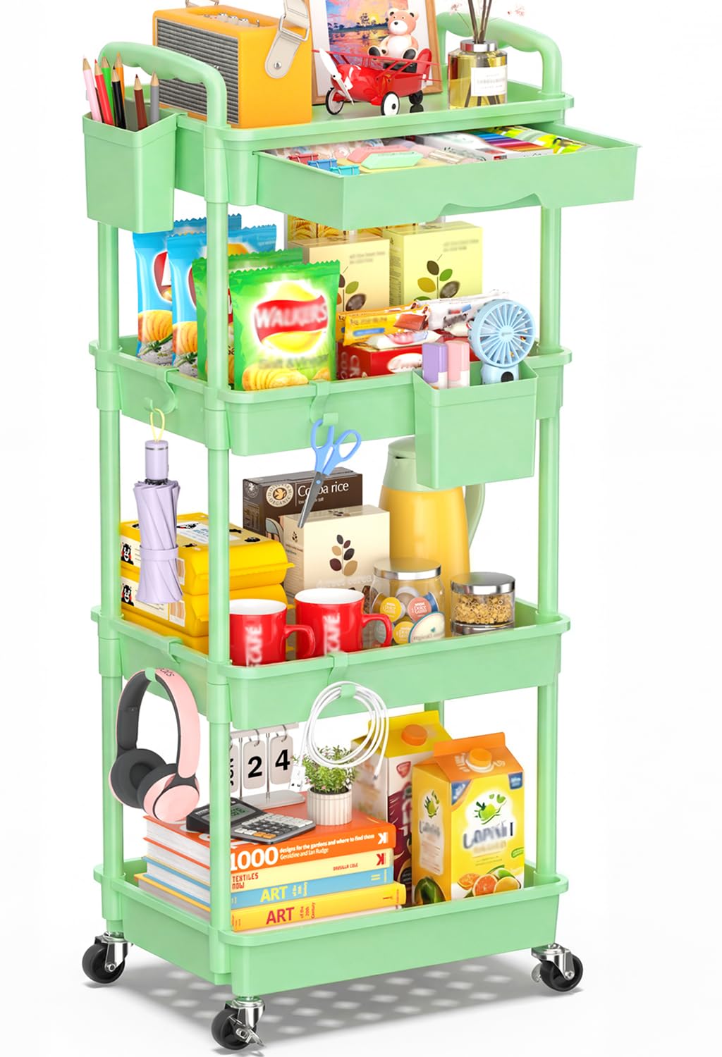 SUNALLY 4 Tier Rolling Cart with Drawer, Craft Storage Cart Organizer,Green