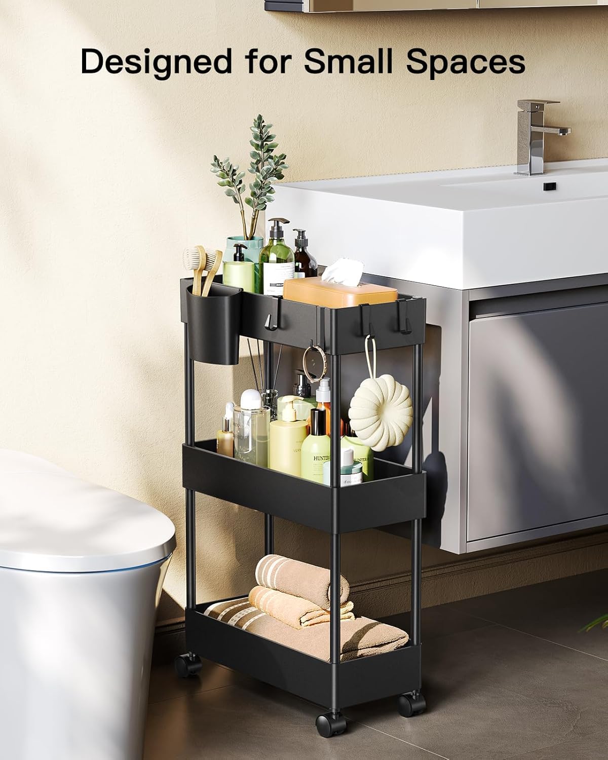 Pipishell 3 Tier Bathroom Storage Cart, Slim Storage Cart with Wheels,Black