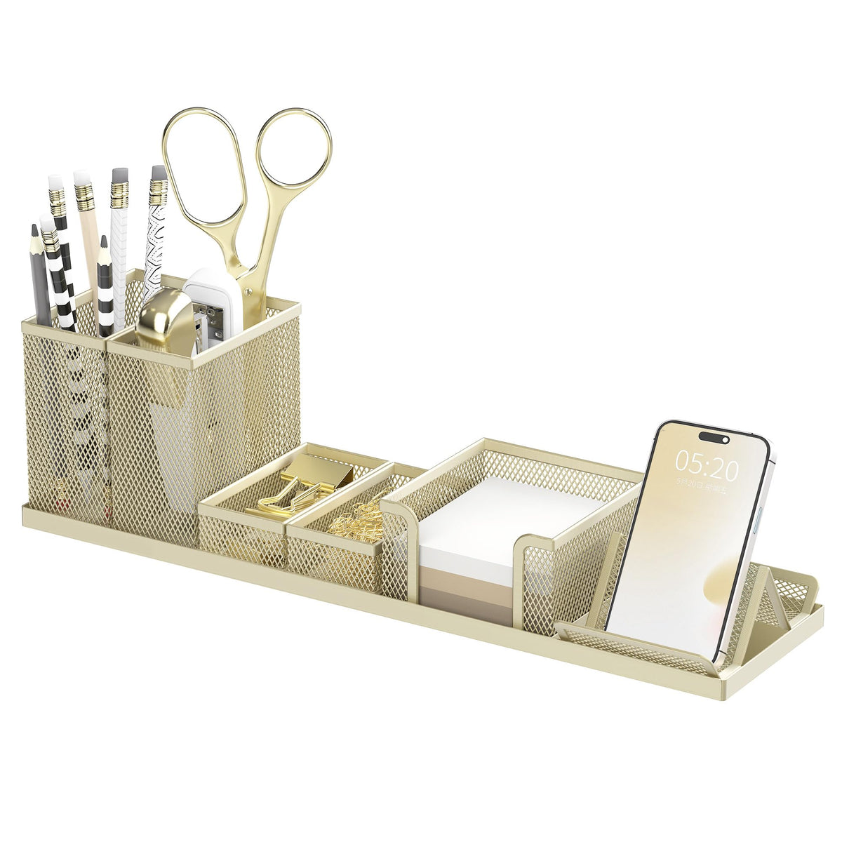 Pen Holder for Desk, 6-Piece Mesh Desk Organizer with Phone Holder, Gold