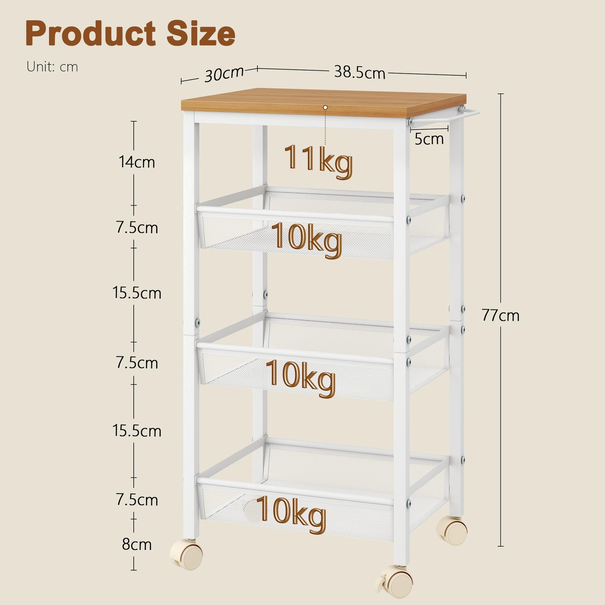 Hoctieon Rolling Storage Cart, 4-Tier 11.8" Wide Rolling Kitchen Storage Cart, Utility Cart with