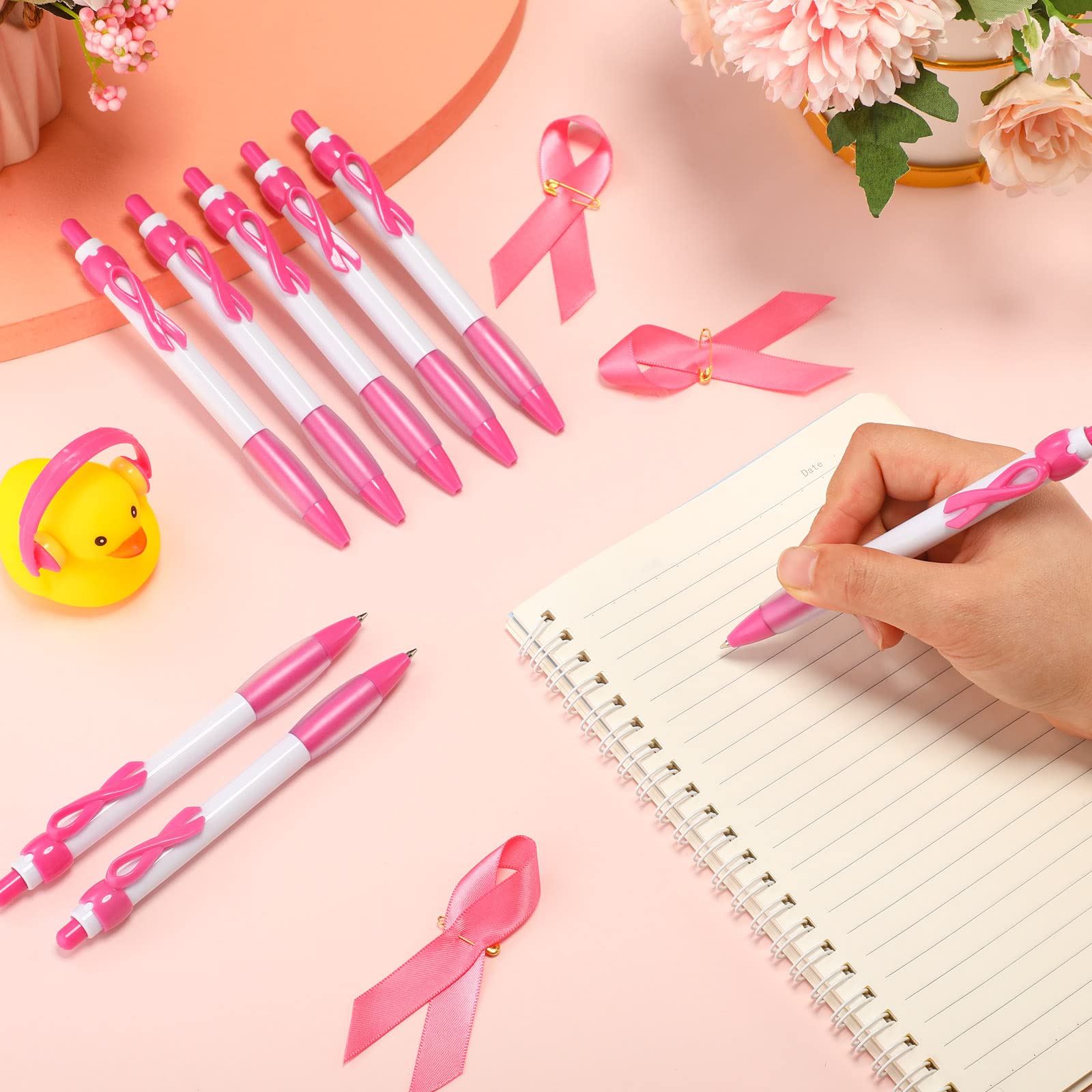 Yexiya 100 Pcs Breast Cancer Awareness Pen Pink Ribbon Pen Bulk, Black Ink