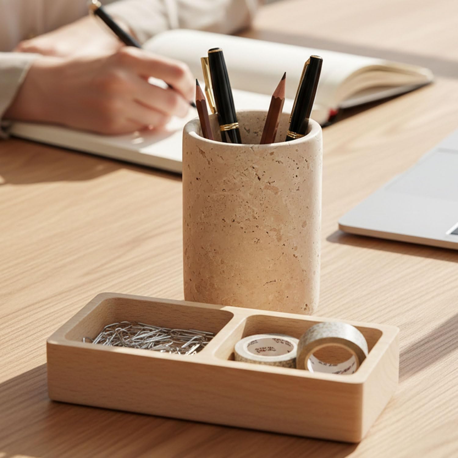 Radicaln Marble Pen Holder For Desk 4" Inches Travertine Handmade Pencil Holder & Pen Holder for