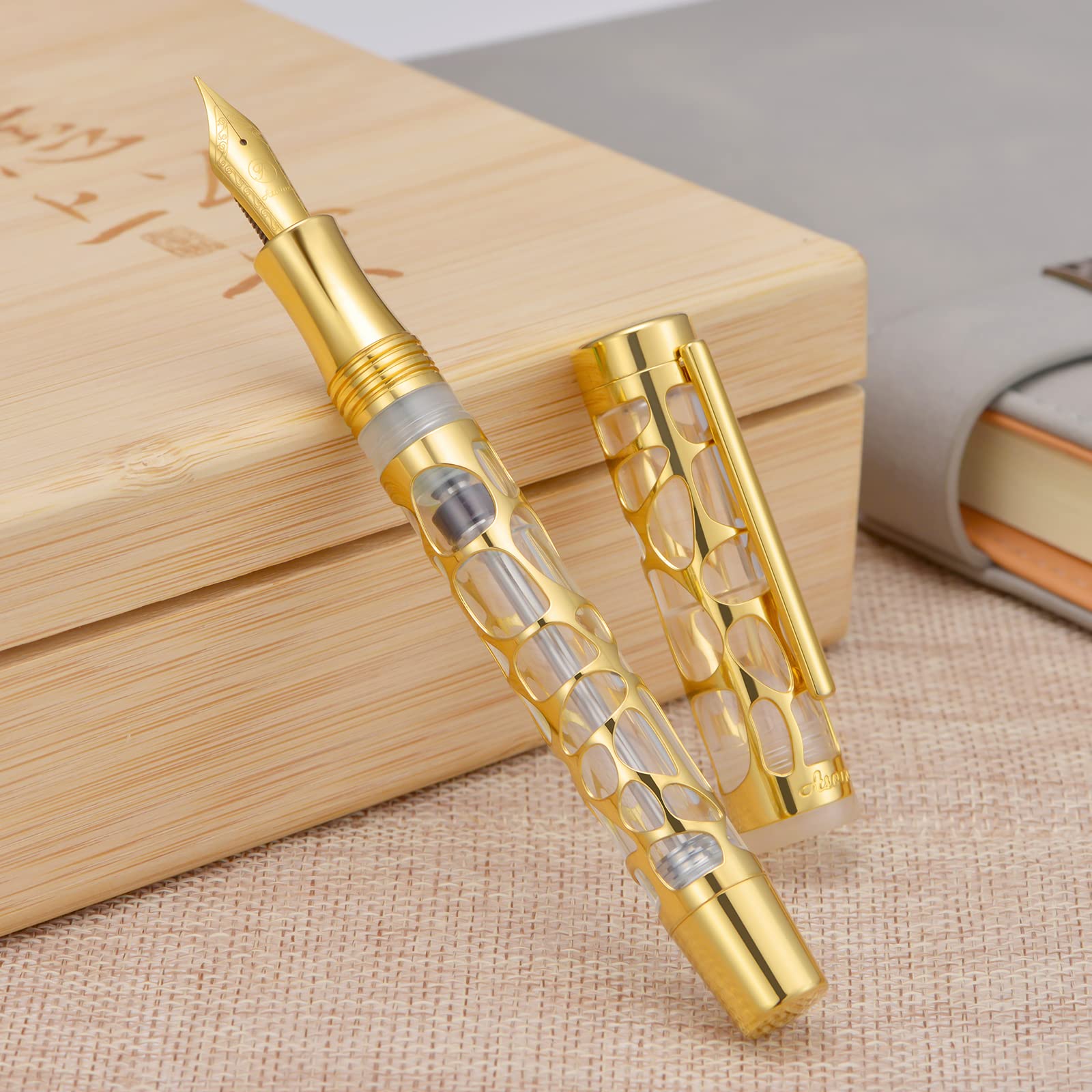 Asvine V169 Vacuum Filling Fountain Pen Fine Nib, Water Drop Skeleton Gold Trim Transparent Clear