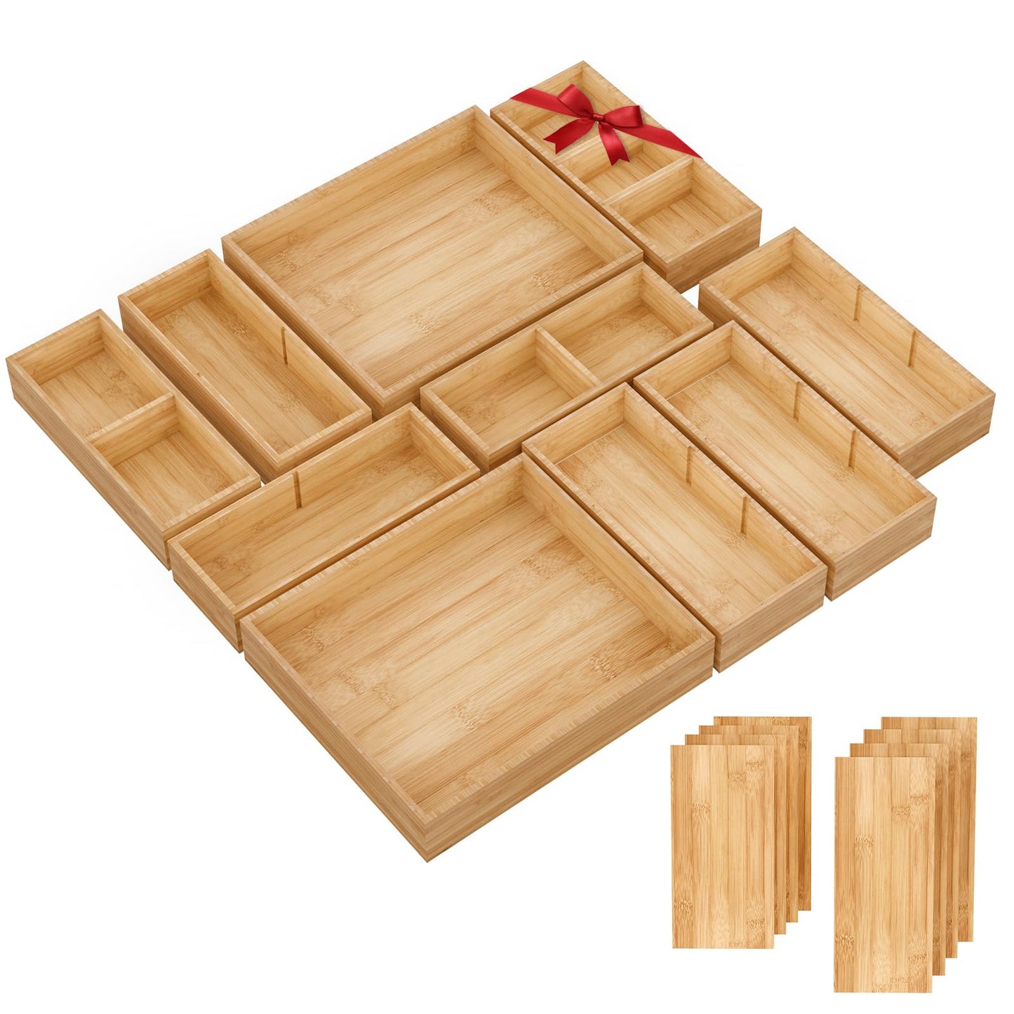Bamboo Drawer Organizer, 10-Piece Stackable Trays with Removable Dividers