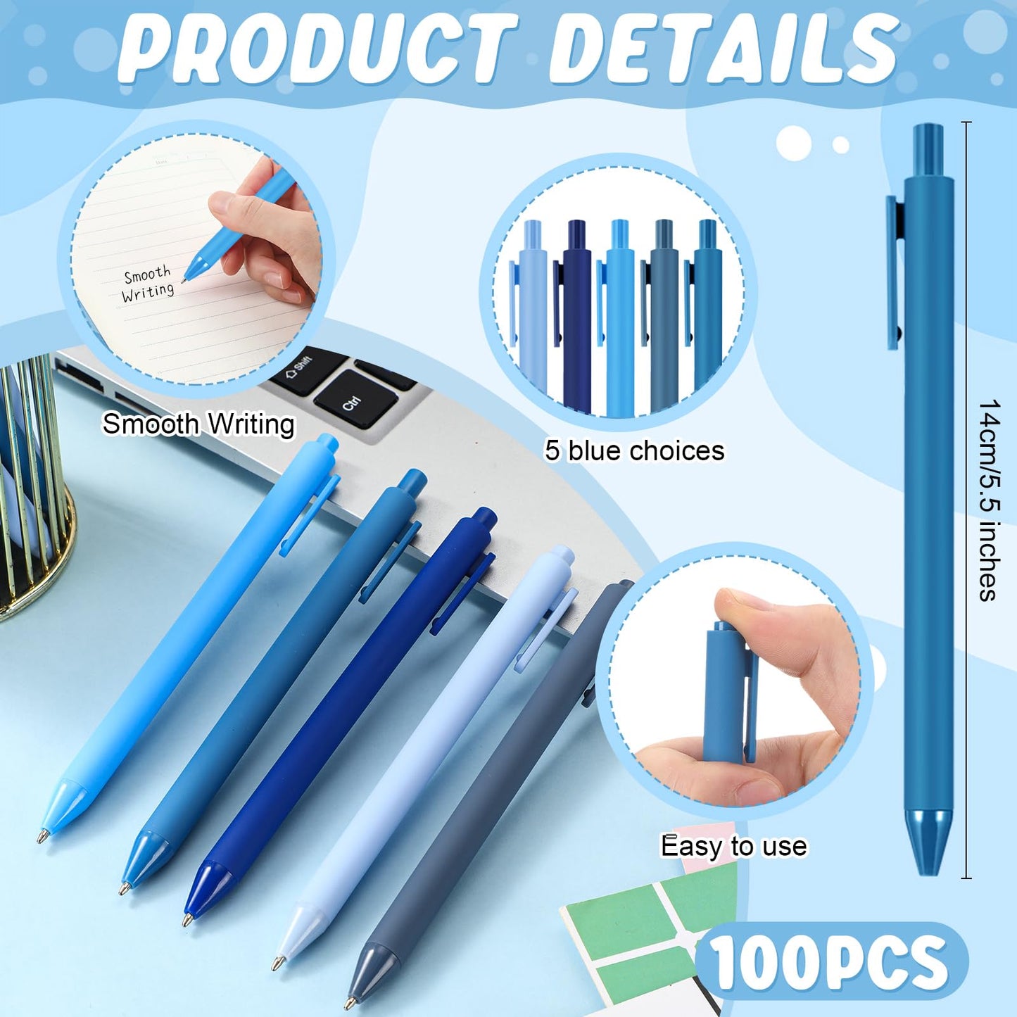 Dinifee 100 Pcs Ballpoint Gel Pens Bulk Retractable, Blue Series