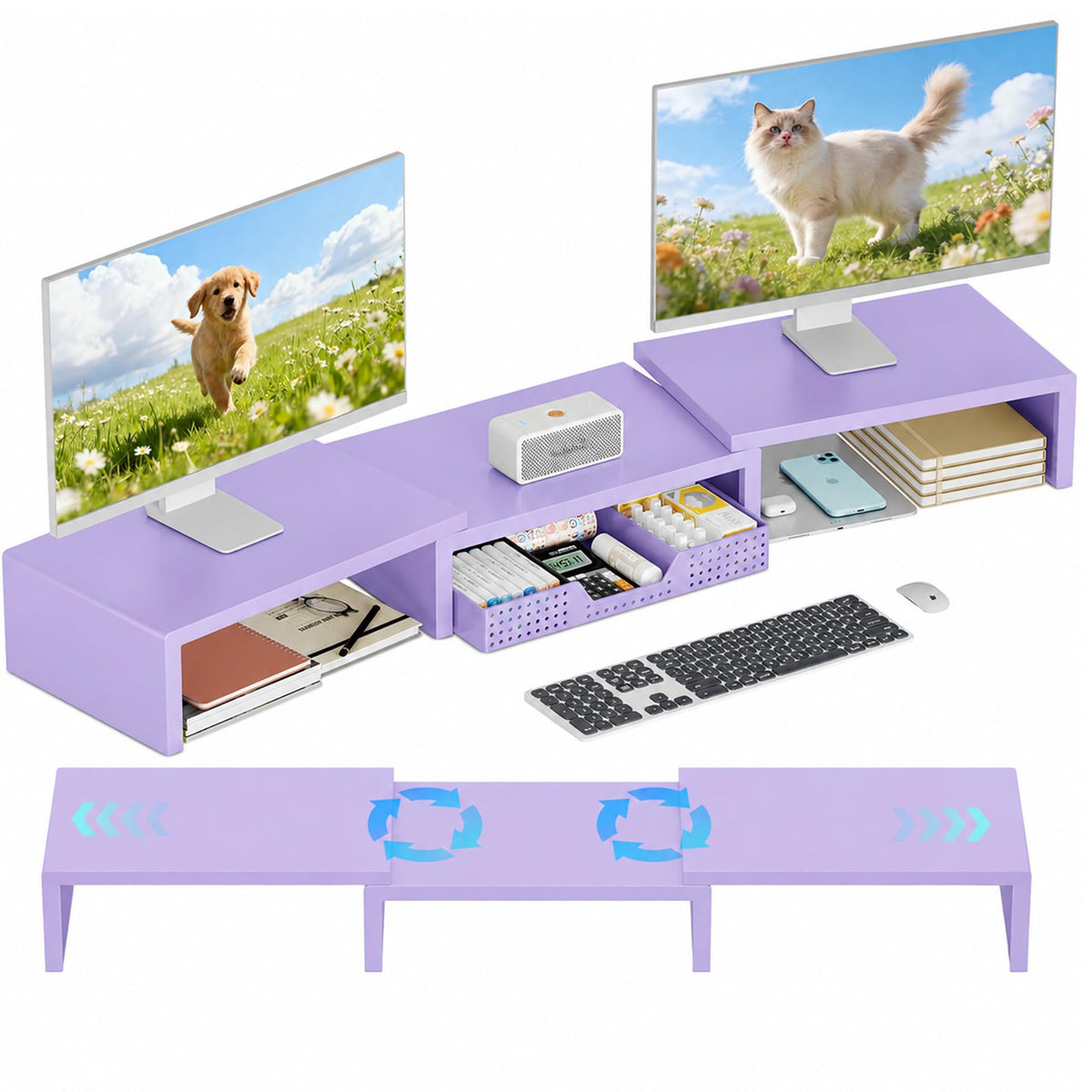 OPNICE Dual Computer Monitor Stand Riser, Desk Organizer with Drawer, Office Desk Accessories &