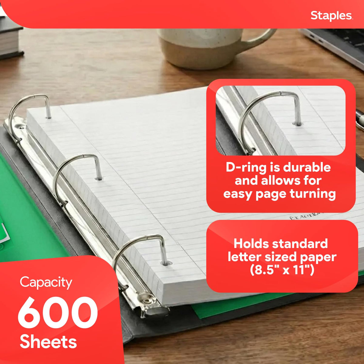 Staples Heavy-Duty 3-Inch D-Ring Binder, Green, Holds 600 Sheets