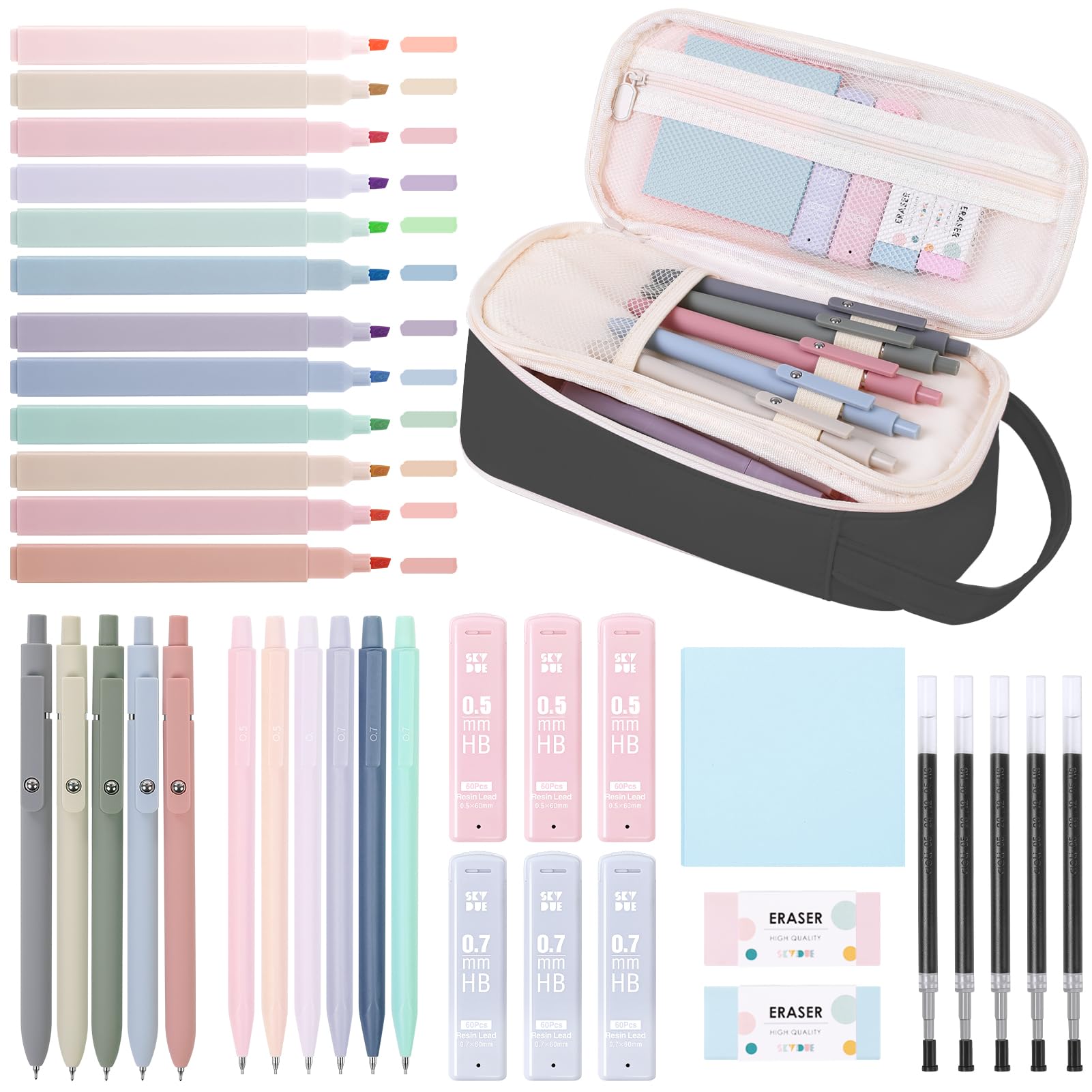 SKYDUE Aesthetic School Supplies Kit, 38 PCS Stationery Set with Large Pencil Case, Pens