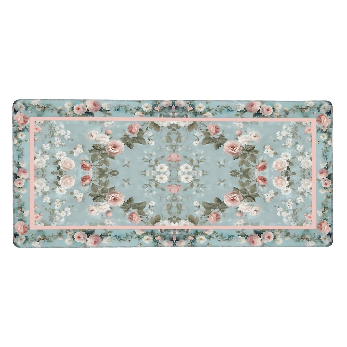 Floral Aesthetic Rose Gaming Mouse Pad, Muted Green Rug Desk Mat with Anti-Slip Base & Stitched