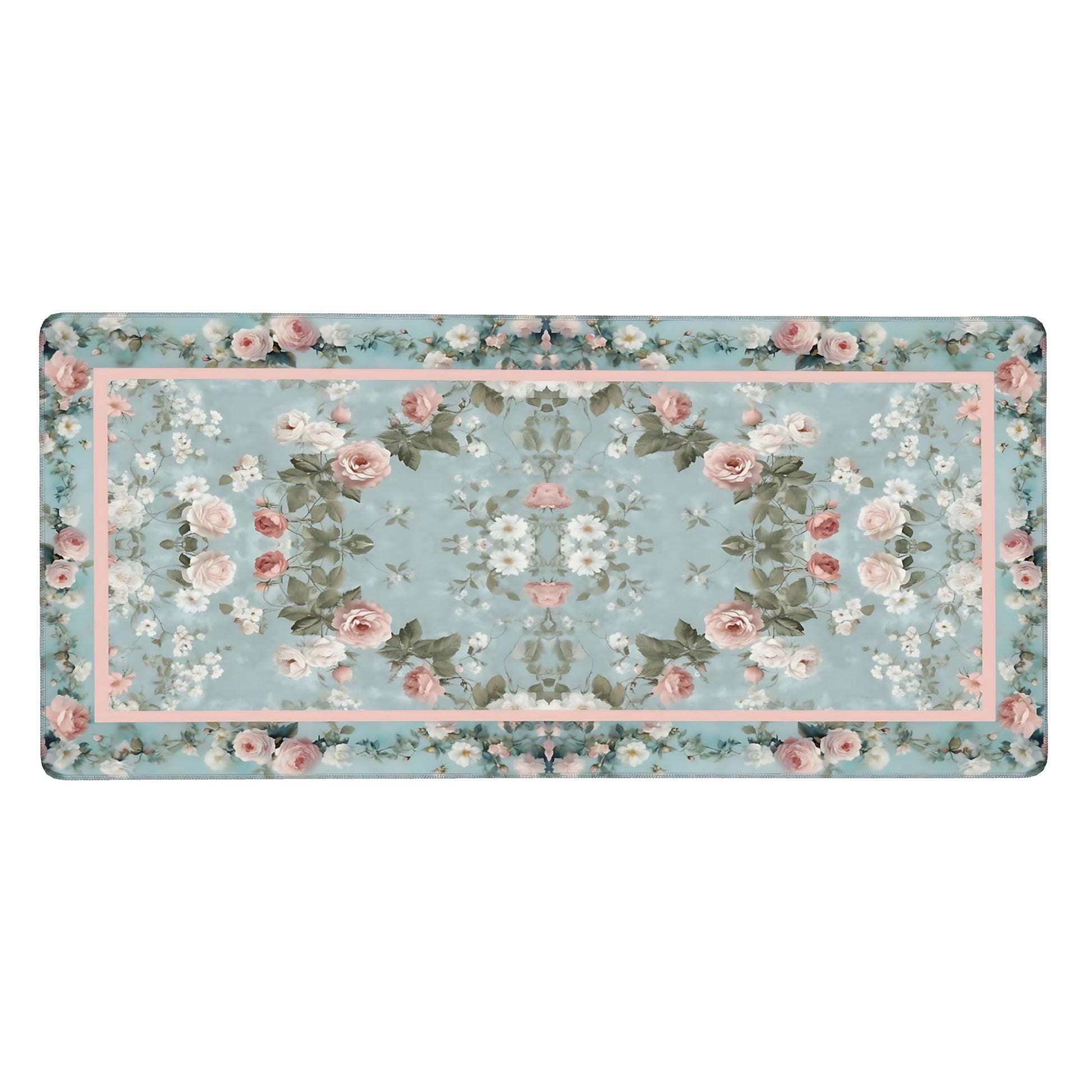 Floral Aesthetic Rose Gaming Mouse Pad, Muted Green Rug Desk Mat with Anti-Slip Base & Stitched