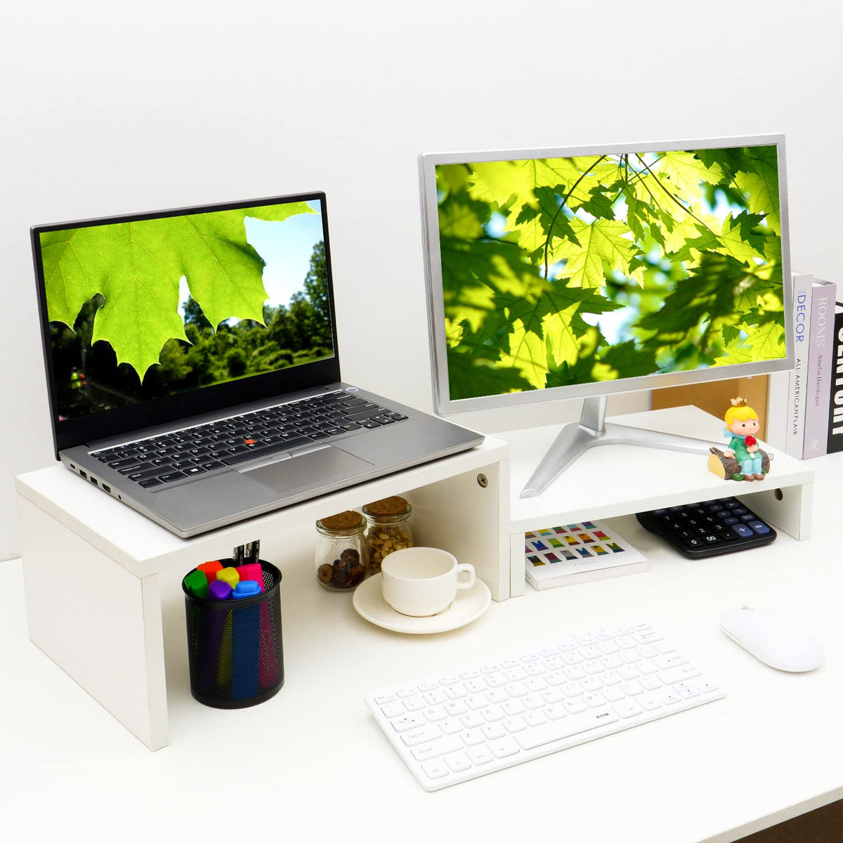 TEAMIX 2-Pack White Monitor & Laptop Stand Riser, High-Low Dual Monitor Set