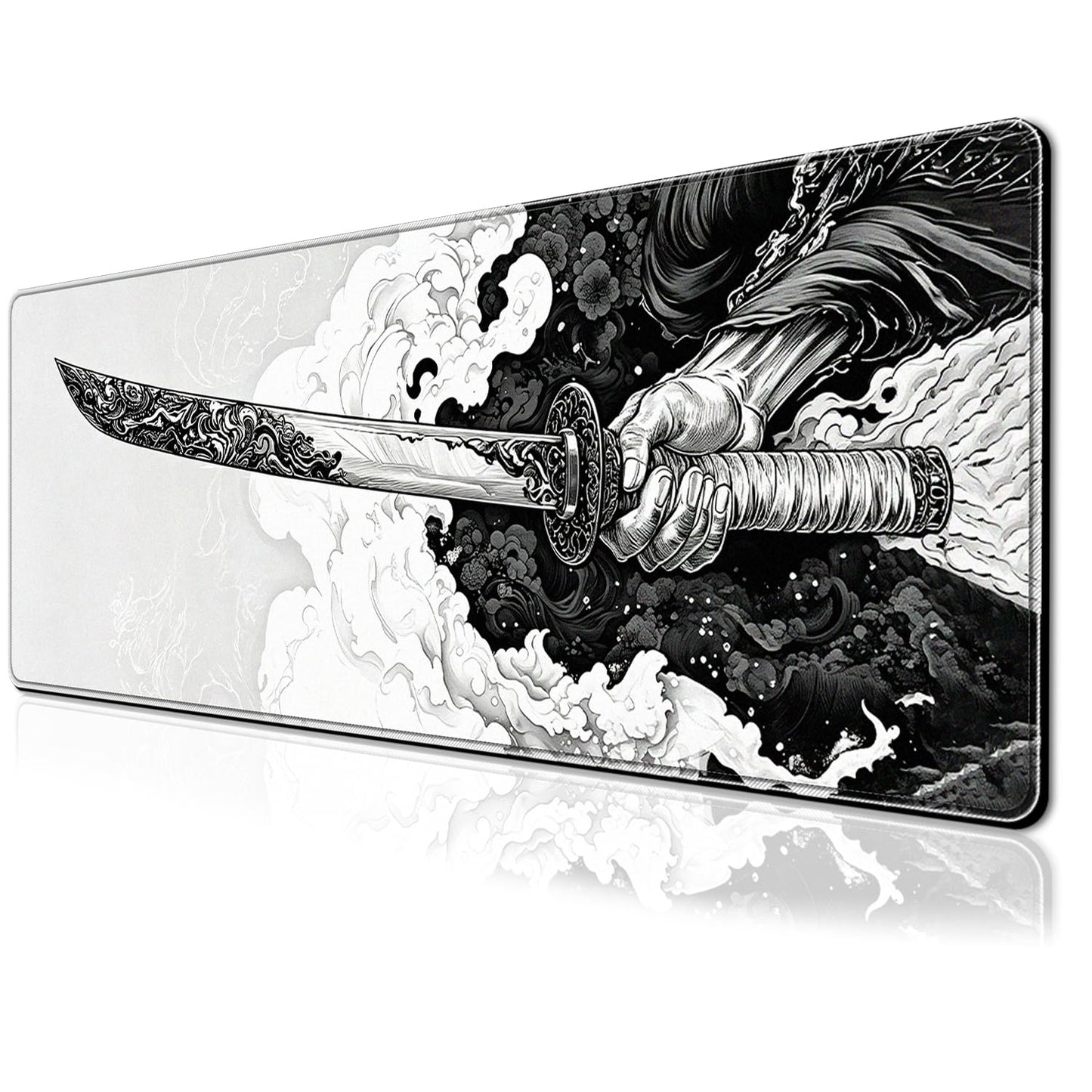 PEPYJAN Black and White Japanese Samurai Sword Game Mouse Pad, Extended Large Desktop Pad, Stitched