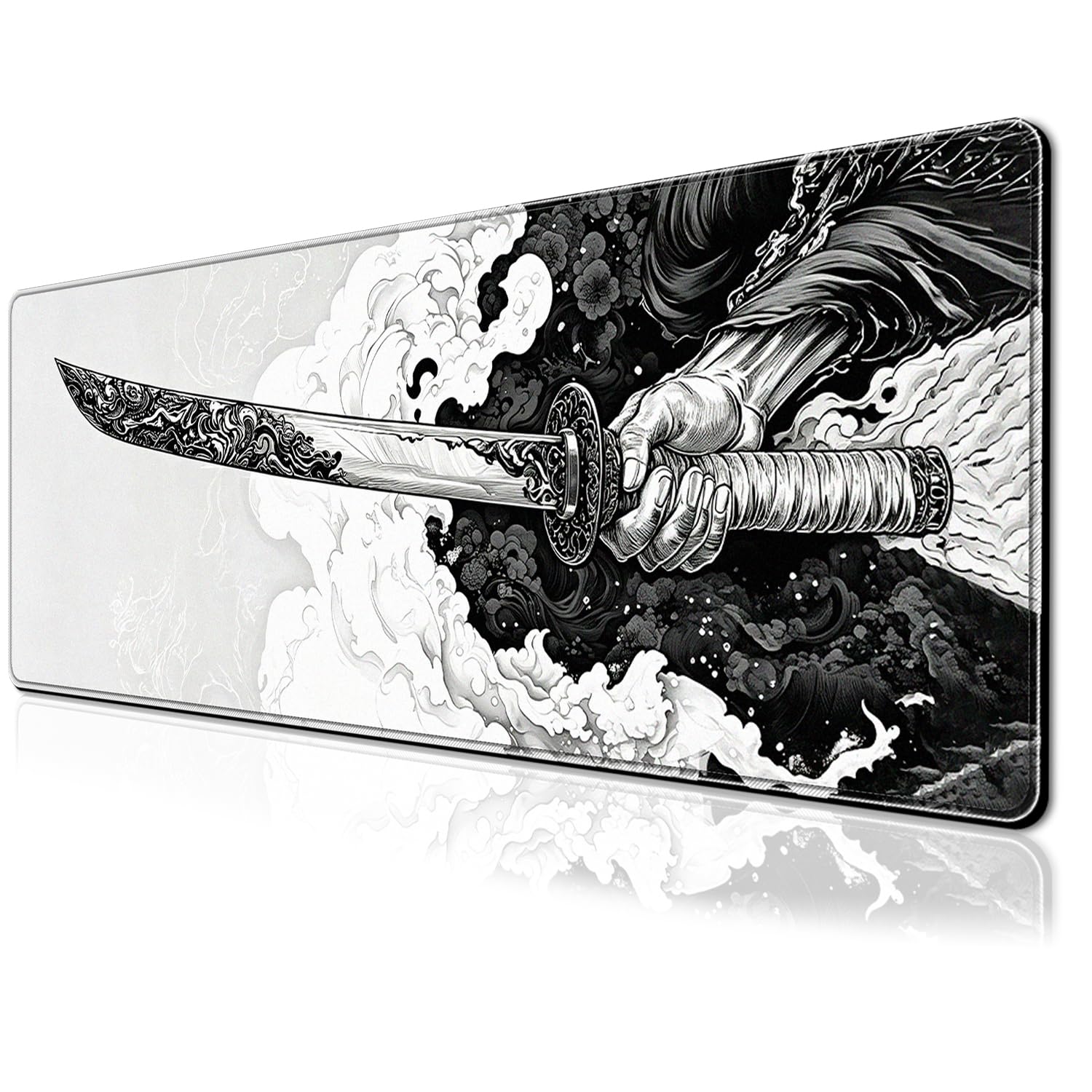 PEPYJAN Black and White Japanese Samurai Sword Game Mouse Pad, Extended Large Desktop Pad, Stitched