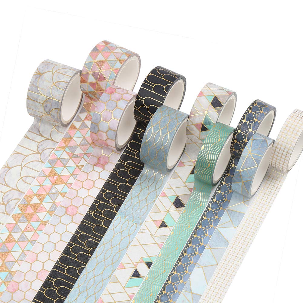 CCINEE 10 Rolls Washi Tape Set,Geometric Gold Foil Decorative Masking Tape for Bullet Journal