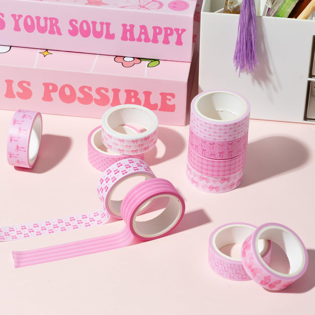 BkeeCten Pink Bow Washi Tape Trendy Cherry Preppy Aesthetic Decorative