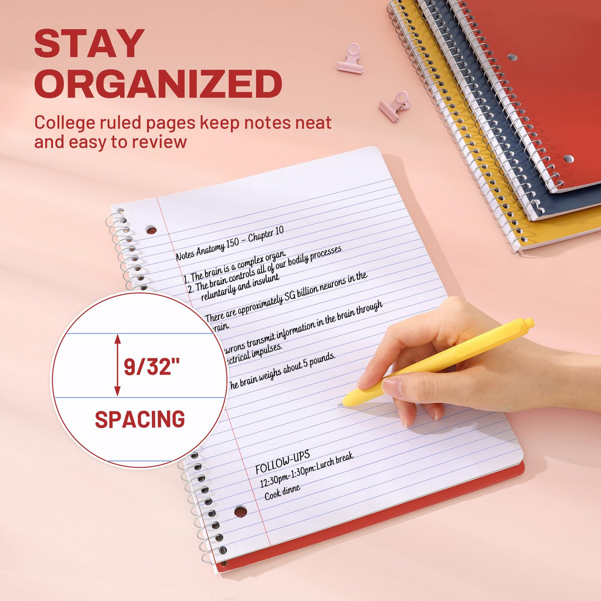 SUNEE Spiral Notebooks, 3 Pack, 1-Subject, College Ruled Paper, 8" x 10-1/2", 70 Sheets per