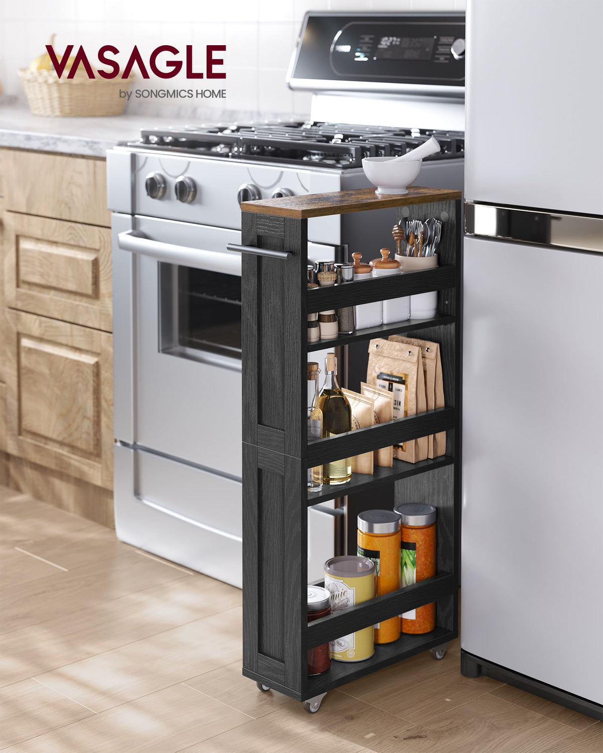 VASAGLE 4-Tier Slide-Out Storage Cart, Slim Kitchen Cart with Wheels