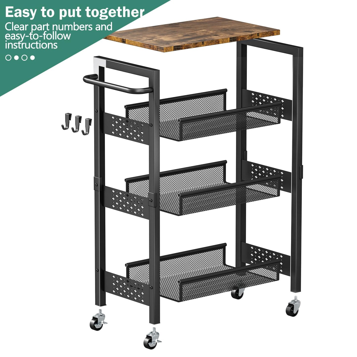 Vivihomety 4-Tier Laundry Utility Rolling Cart with Wheels, Metal