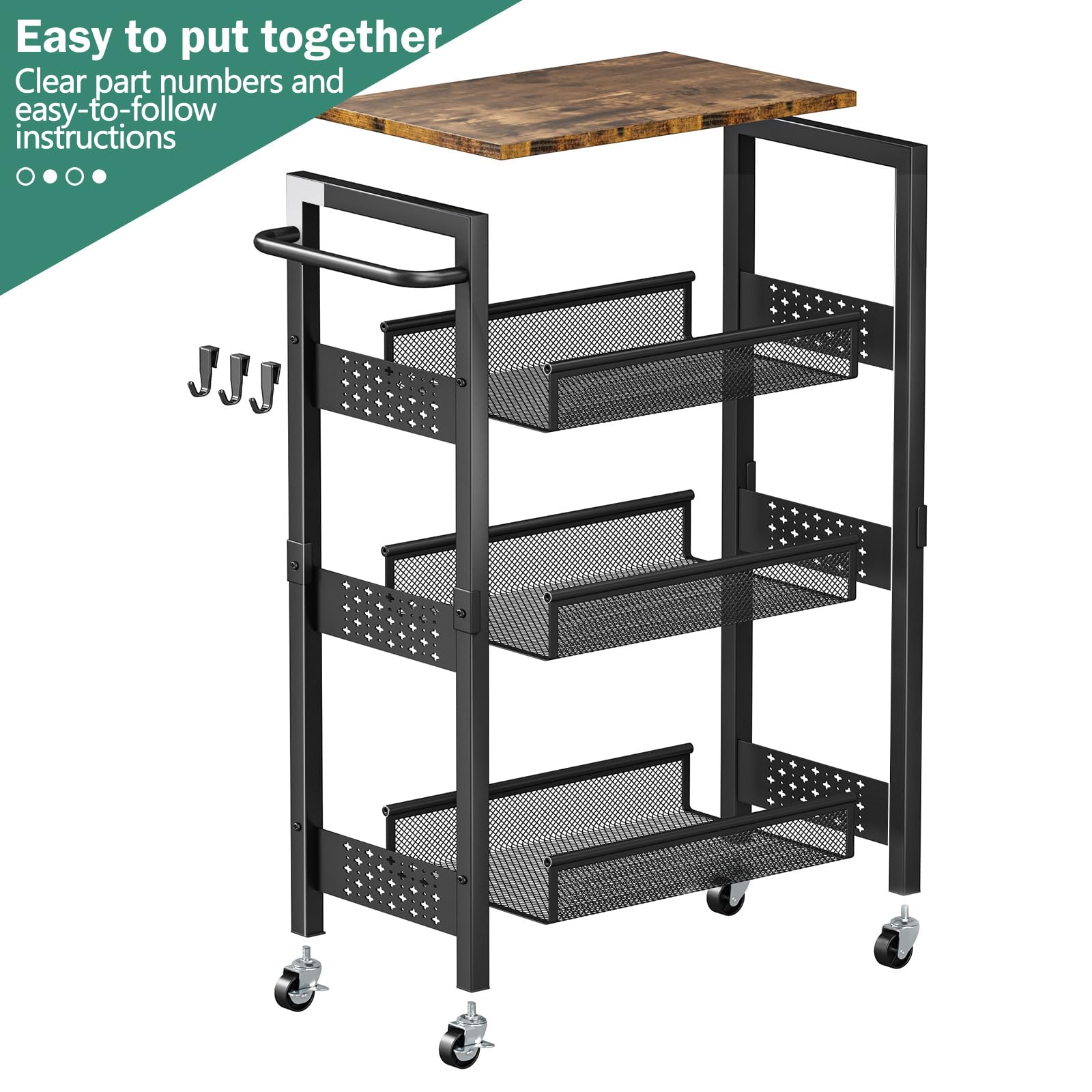 Vivihomety 4-Tier Laundry Utility Rolling Cart with Wheels, Metal