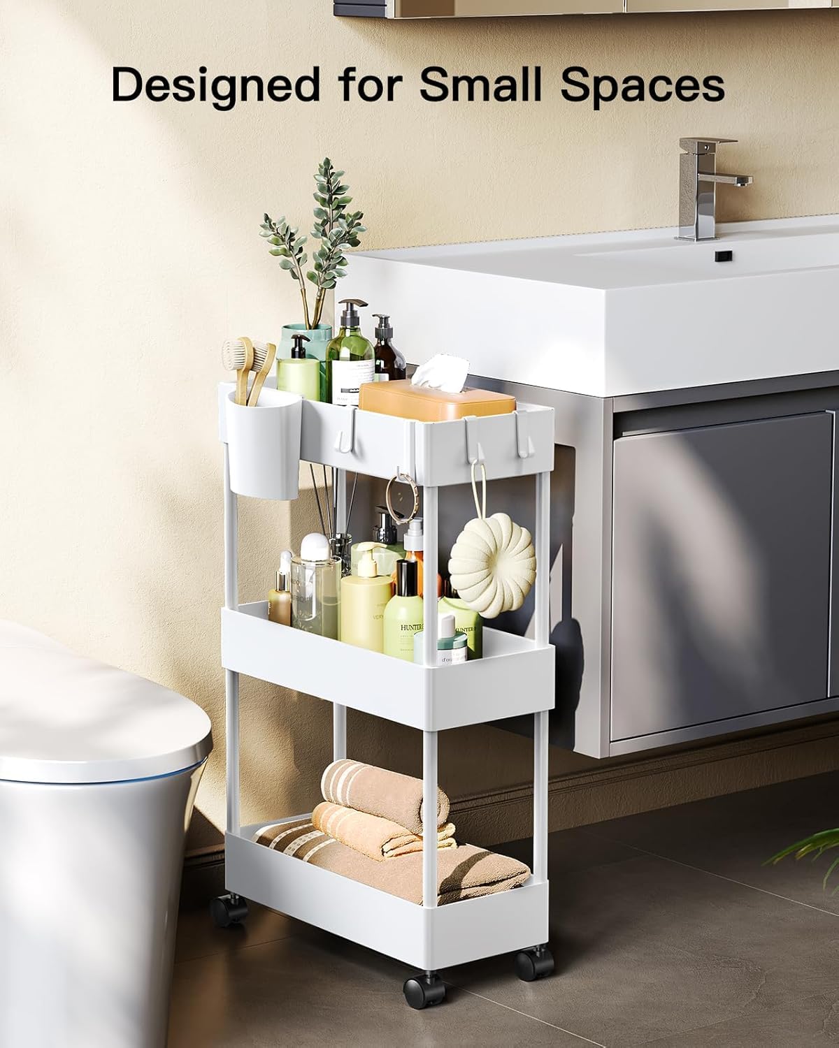 Pipishell 3 Tier Slim Storage Cart with Wheels, Bathroom Cart, White