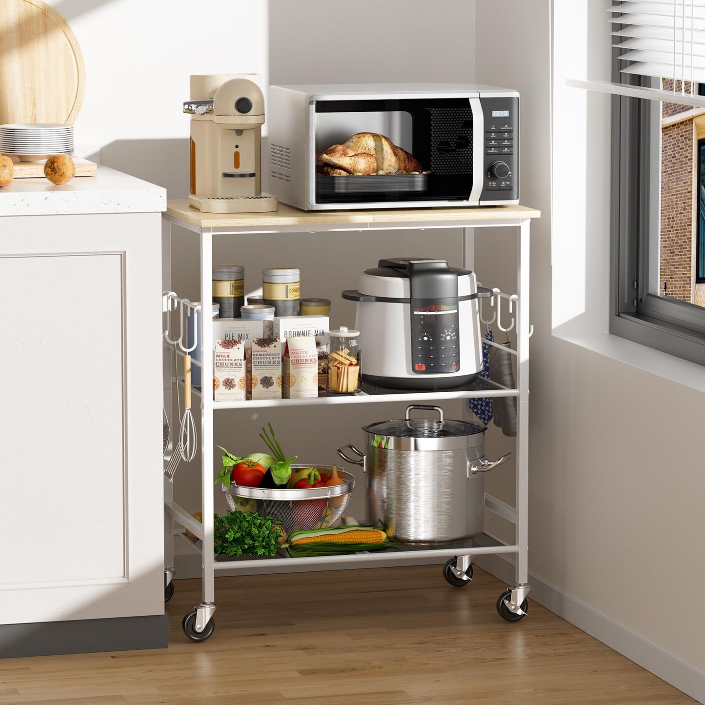 NTE Rolling Kitchen Microwave Cart, 3 Tier Microwave Stand with Storage, Small Kitchen Island on