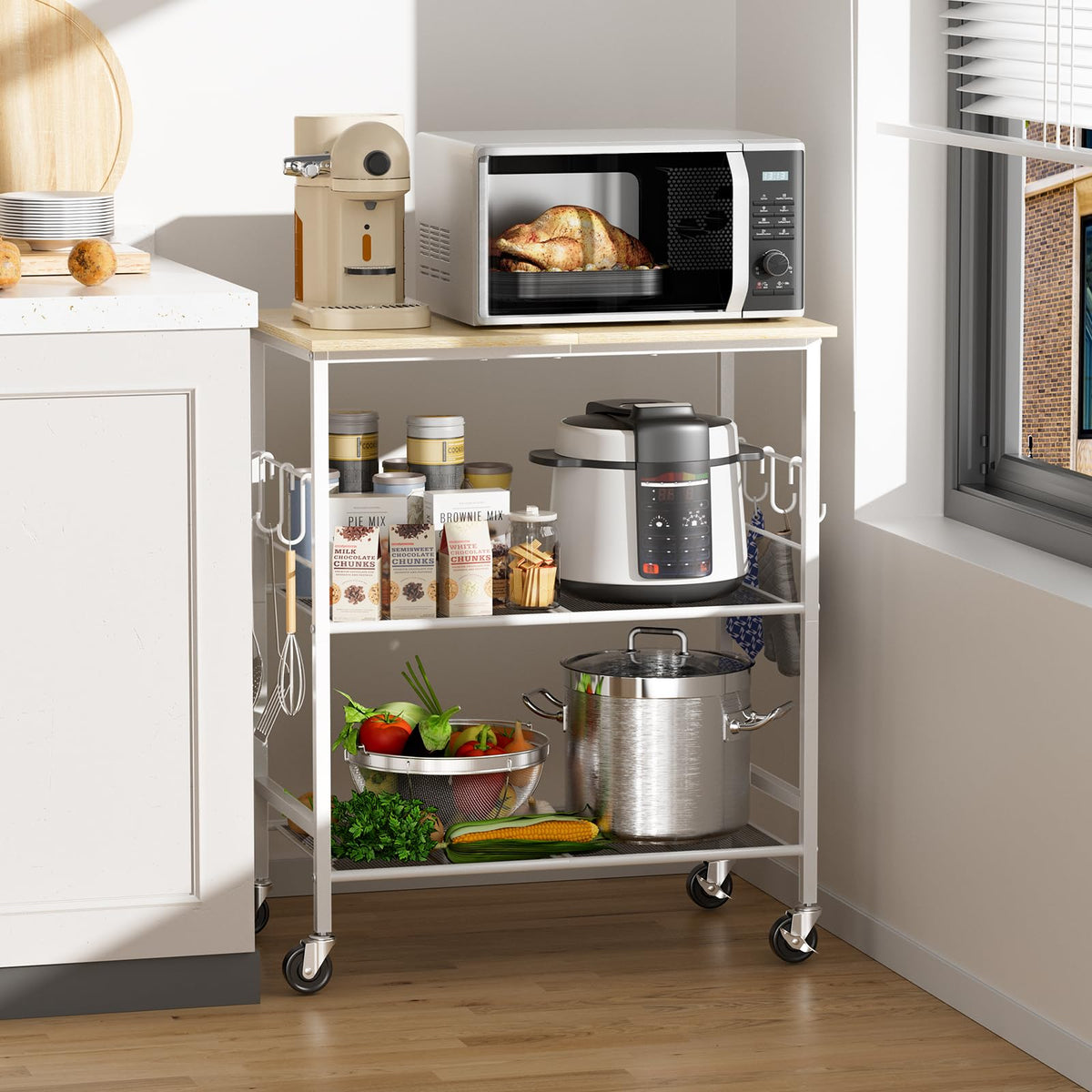 NTE Rolling Kitchen Microwave Cart, 3 Tier Microwave Stand with Storage, Small Kitchen Island on