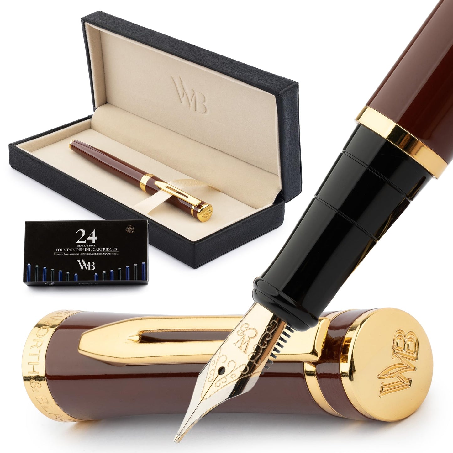 Wordsworth & Black Luxury Fountain Pen Set for Writing, Medium Nib, Brown