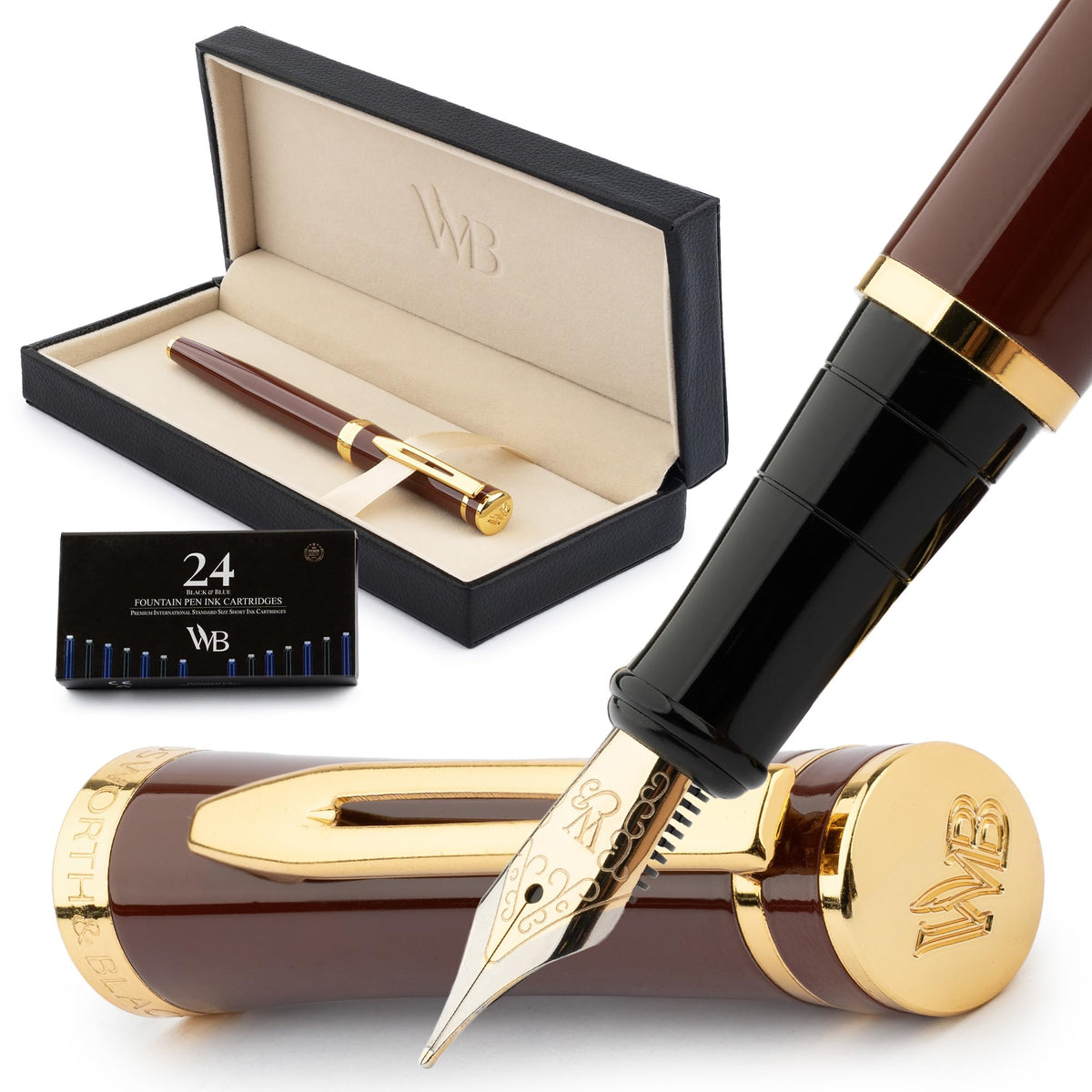 Wordsworth & Black Luxury Fountain Pen Set for Writing, Medium Nib, Brown